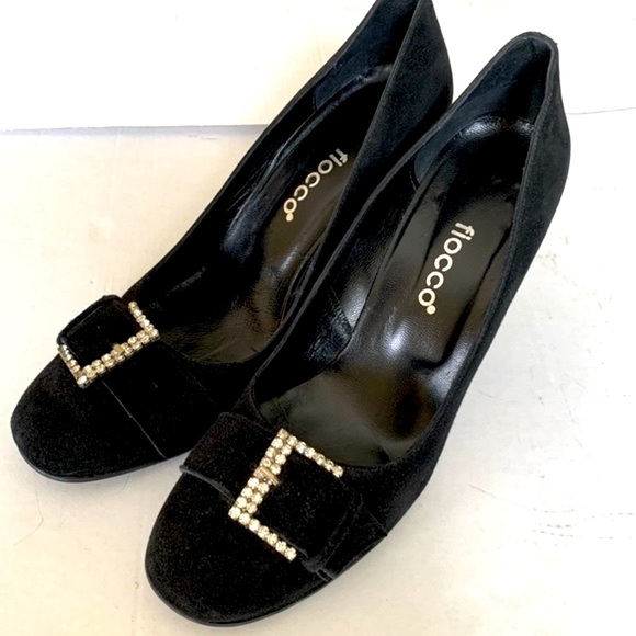 Stunning black suede stiletto shoes with large buckle of shiny rhinestones 40 10 - Picture 10 of 12